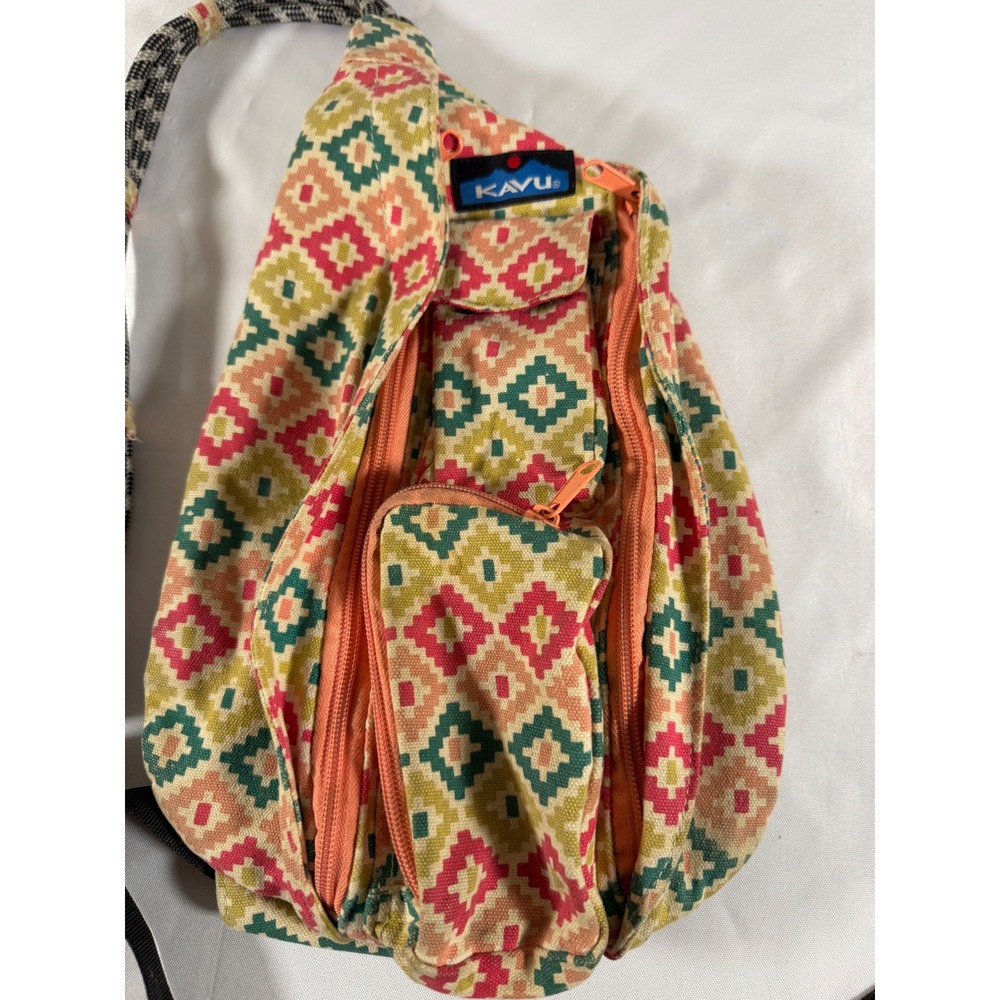 KAVU Rope Bag Canvas Sling Backpack Geometric Diamond Pattern Pink Green Orange